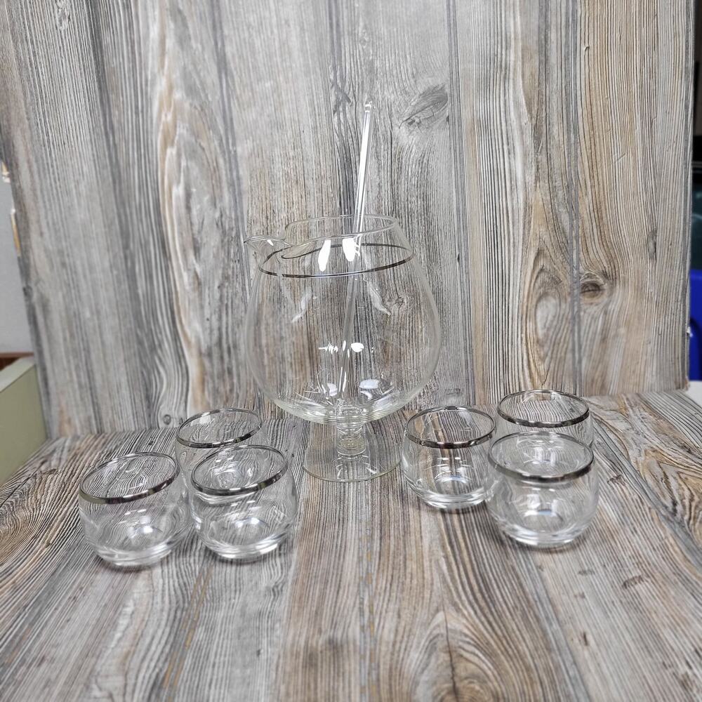 Vintage MCM Cocktail Set 6 Roly Poly Glasses Pitcher Glass Stirrer  Silver Rim